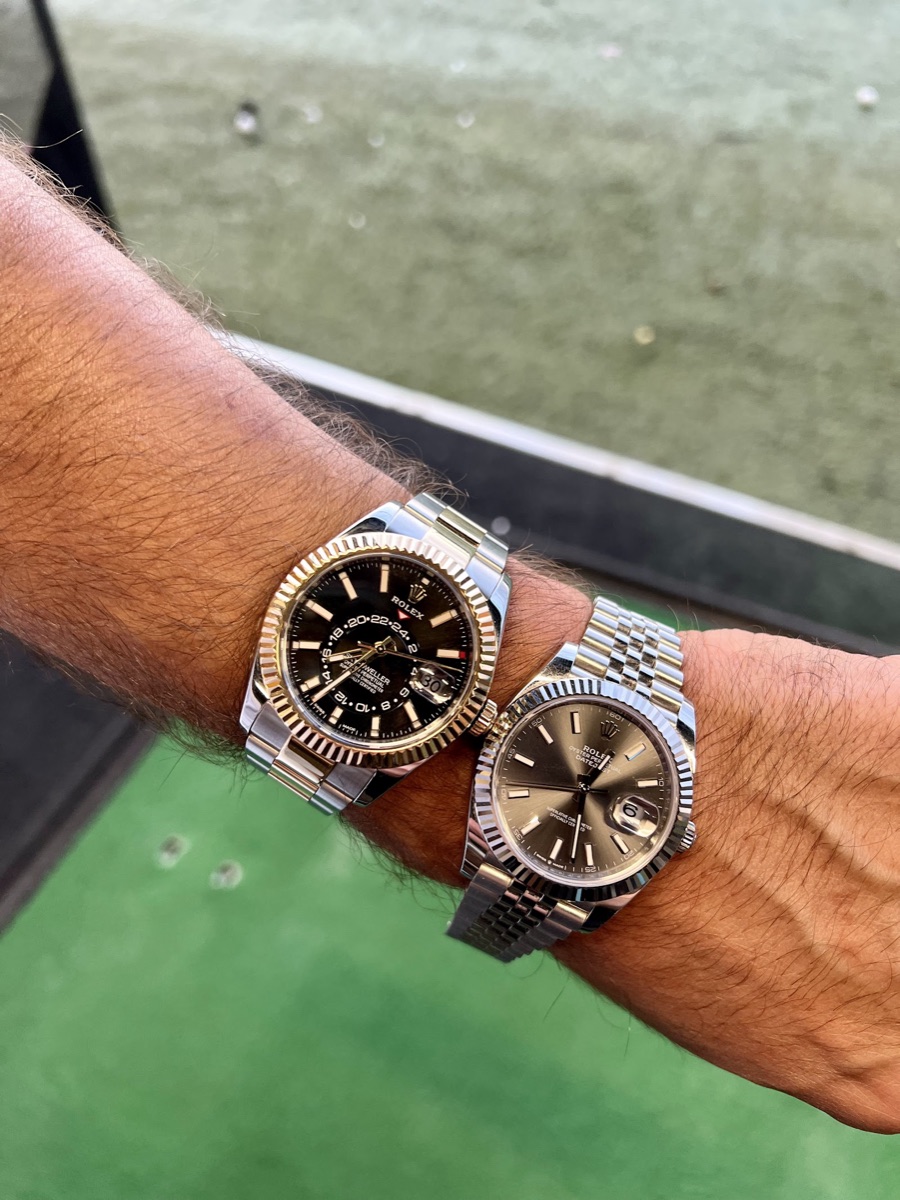 A Rolex Sky-Dweller and a Datejust 41 worn side by side